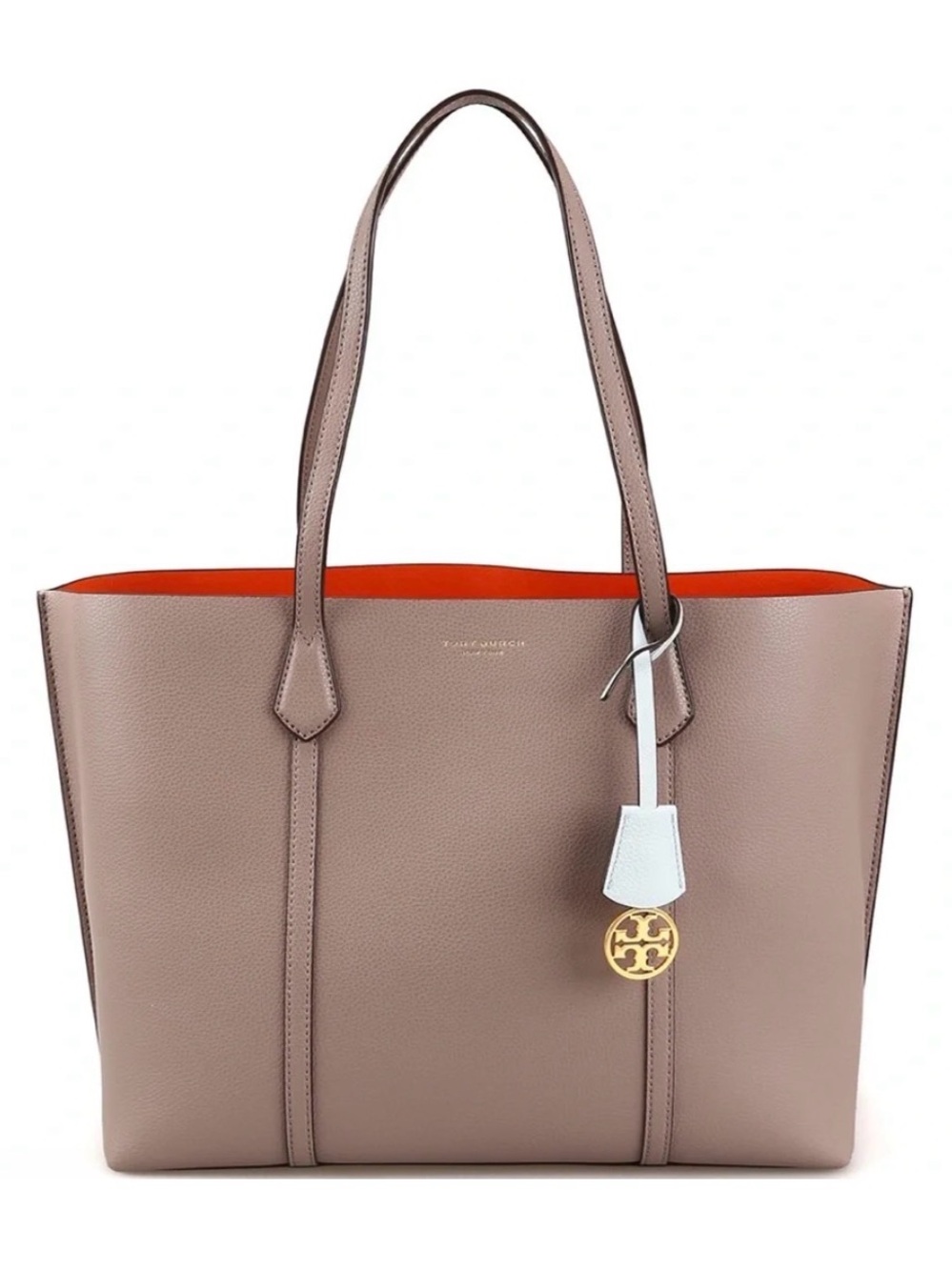 Tory Burch Taupe Leather Tote with Orange Interior